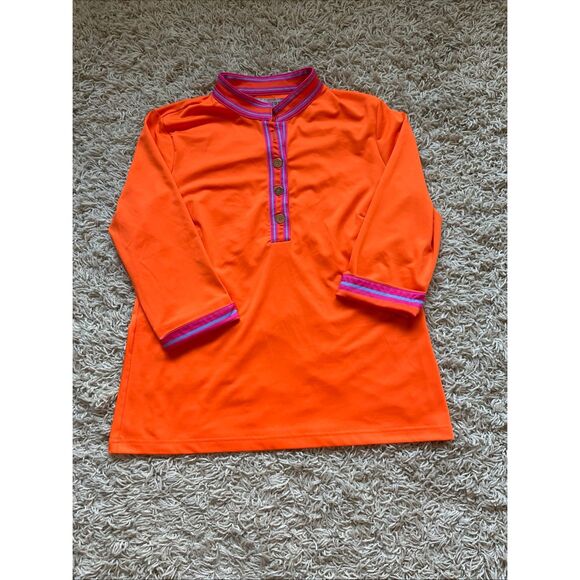 Gretchen Scott Blouse Women's M Button Up V Neck Quarter Sleeve Top Orange Pink - Picture 1 of 9